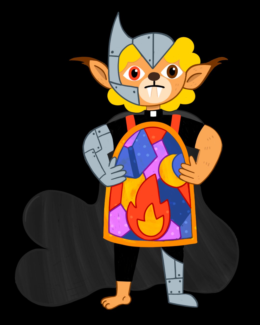 Character creation illustration — a small armoured creature with a shield