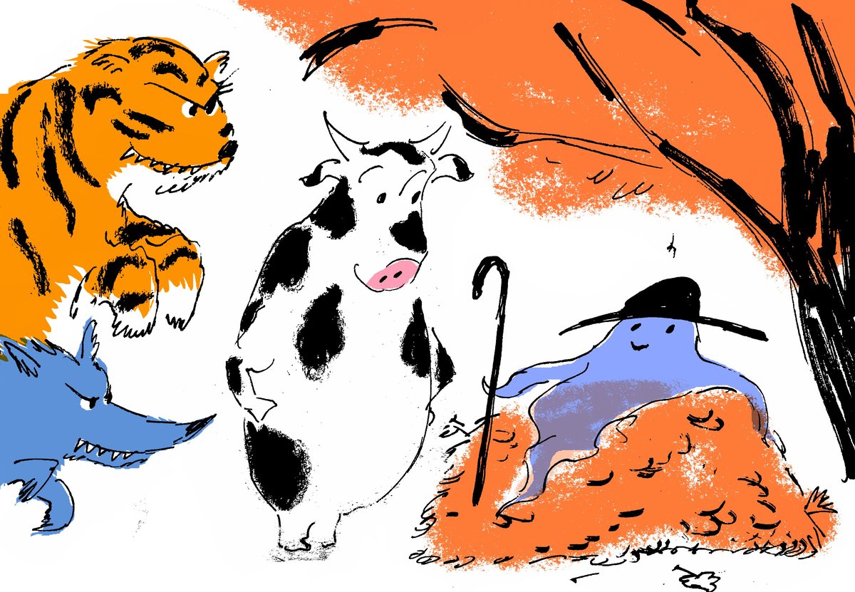 Illustration from the storymaking project — a tiger, cow and ghost in an orange landscape